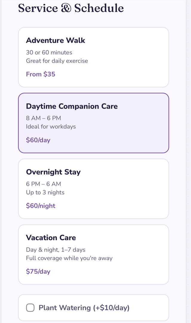 Service and schedule selection with upfront pricing