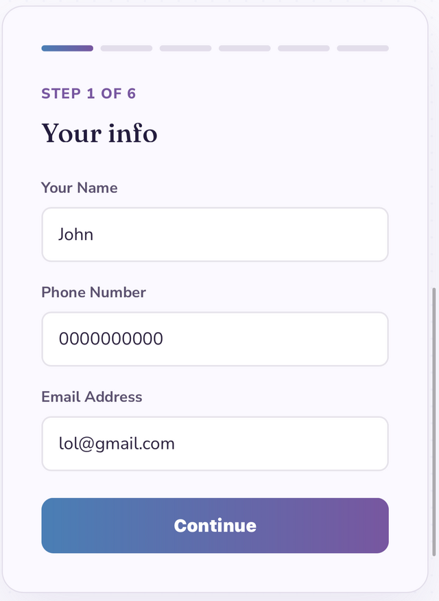 Customer info step of the booking flow
