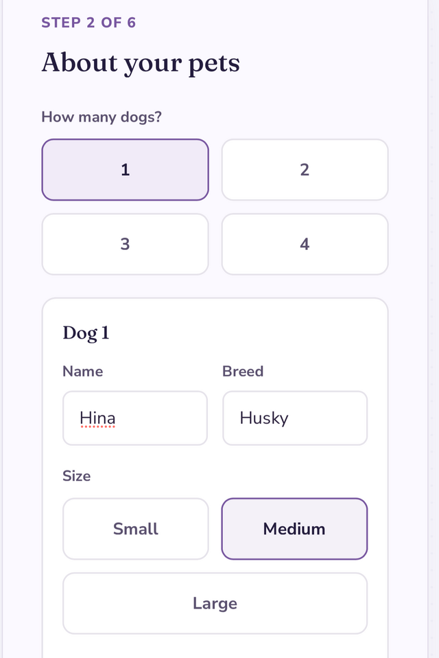 Pet profile step — dog details