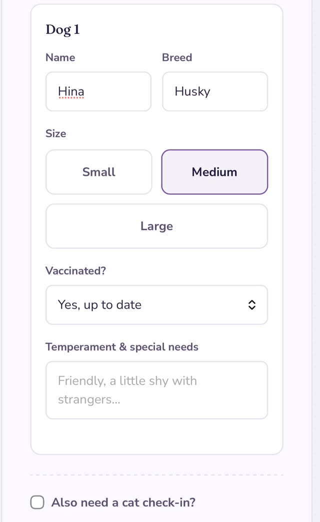 Pet profile step — vaccination and temperament