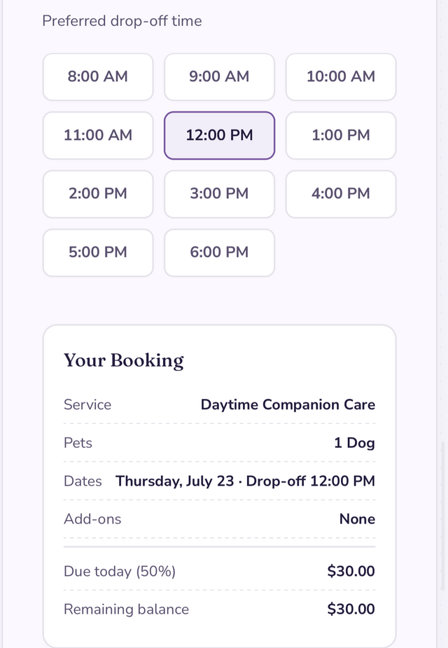 Drop-off time and booking summary